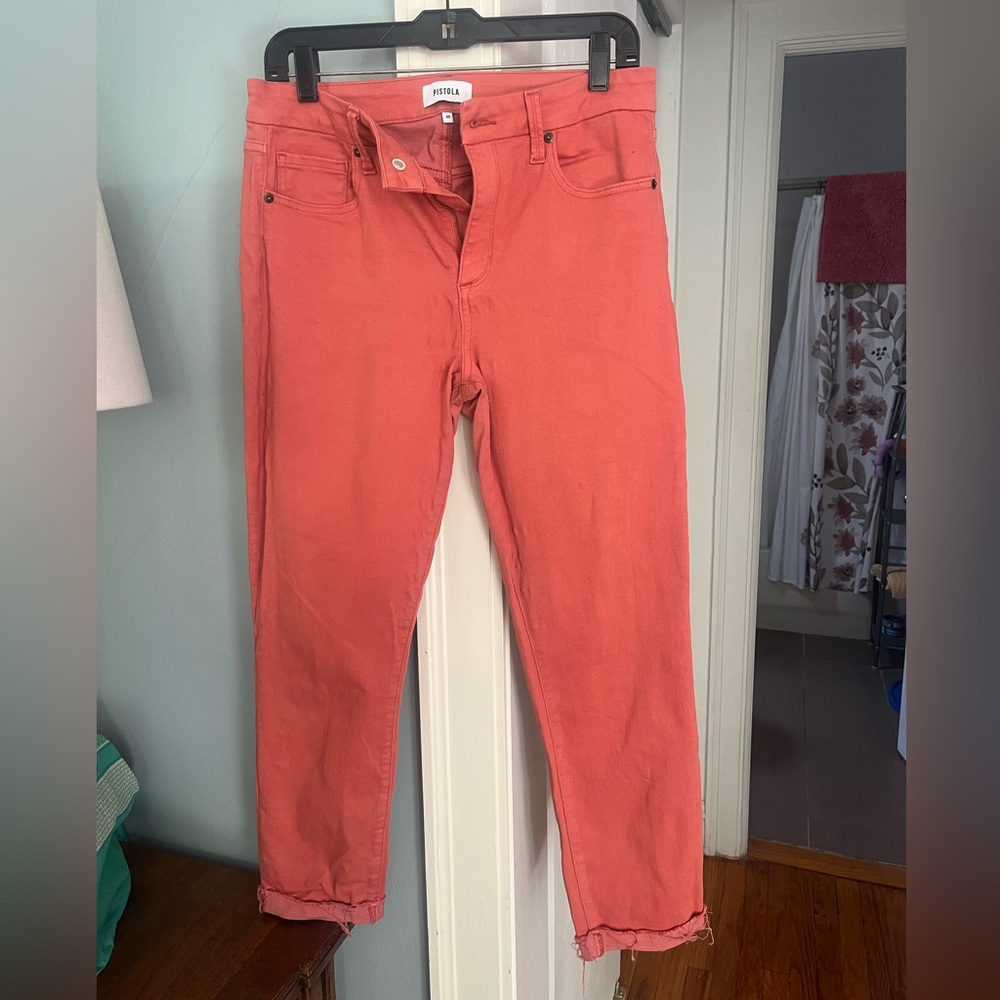 Coral straight-leg Pistola jeans unfinished hem sz 10